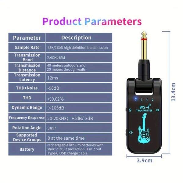 2.4GHz Wireless Guitar System with Rechargeable Battery - High-Quality Chip, 10-Hour Playtime, Auto Pairing for Electric Guitars, Basses & More - Black, Wireless Guitar Transmitter - Image 8